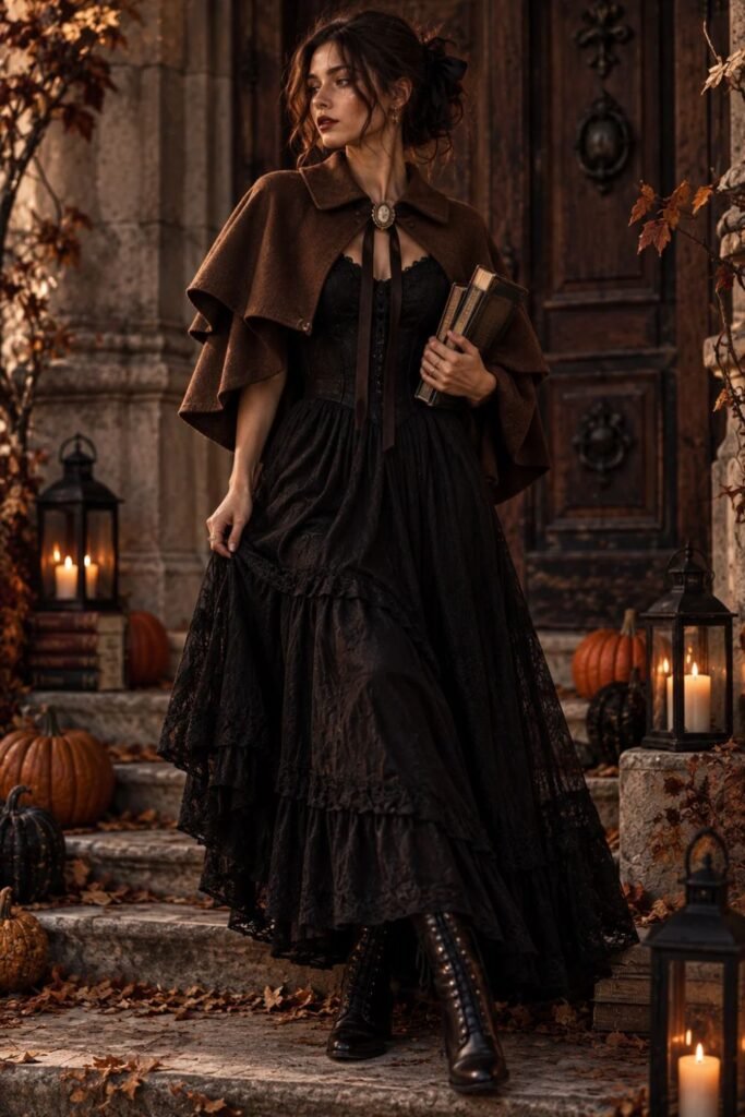 Brown Capelet + Black Dress