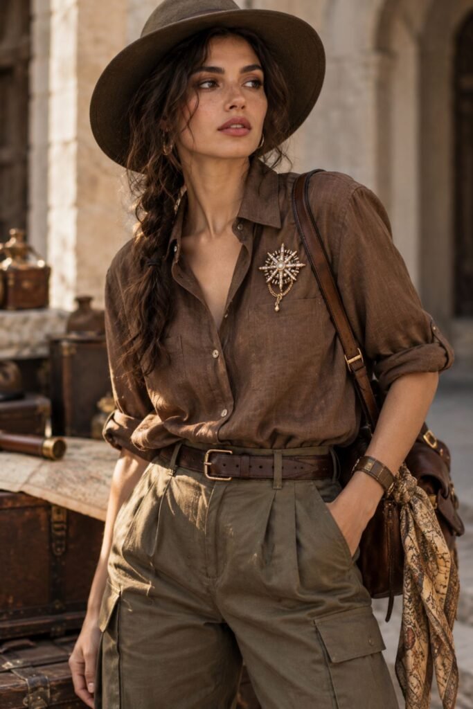 Brown Linen Shirt + Crystal Brooch