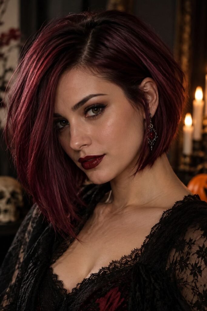 Burgundy Asymmetric Bob for a Dark Romantic Look
