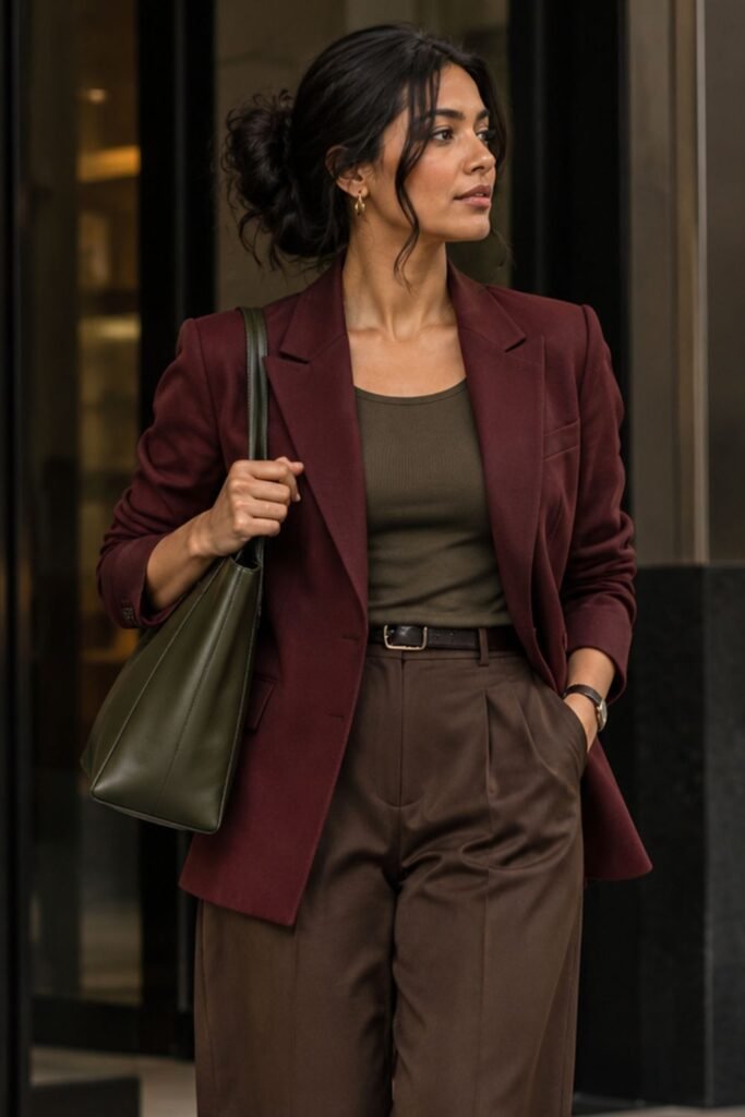 Burgundy Blazer + Chocolate Wide-Leg Trousers