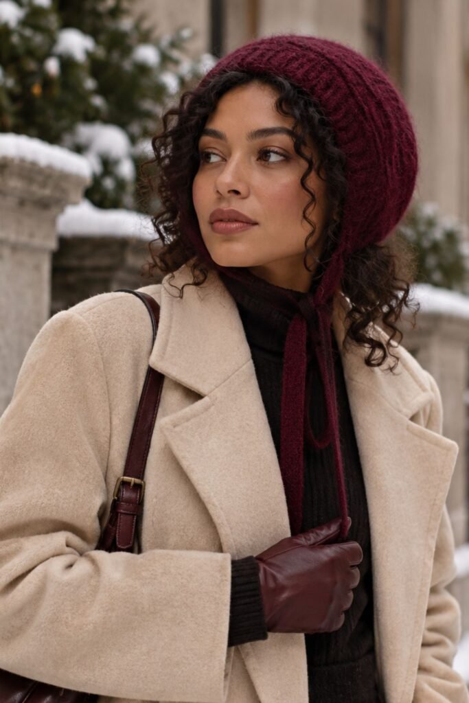 Woman wearing a burgundy knit bonnet with a beige coat and dark layers