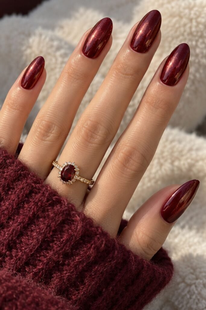 Burgundy chrome gel nails with a glossy red shift finish
