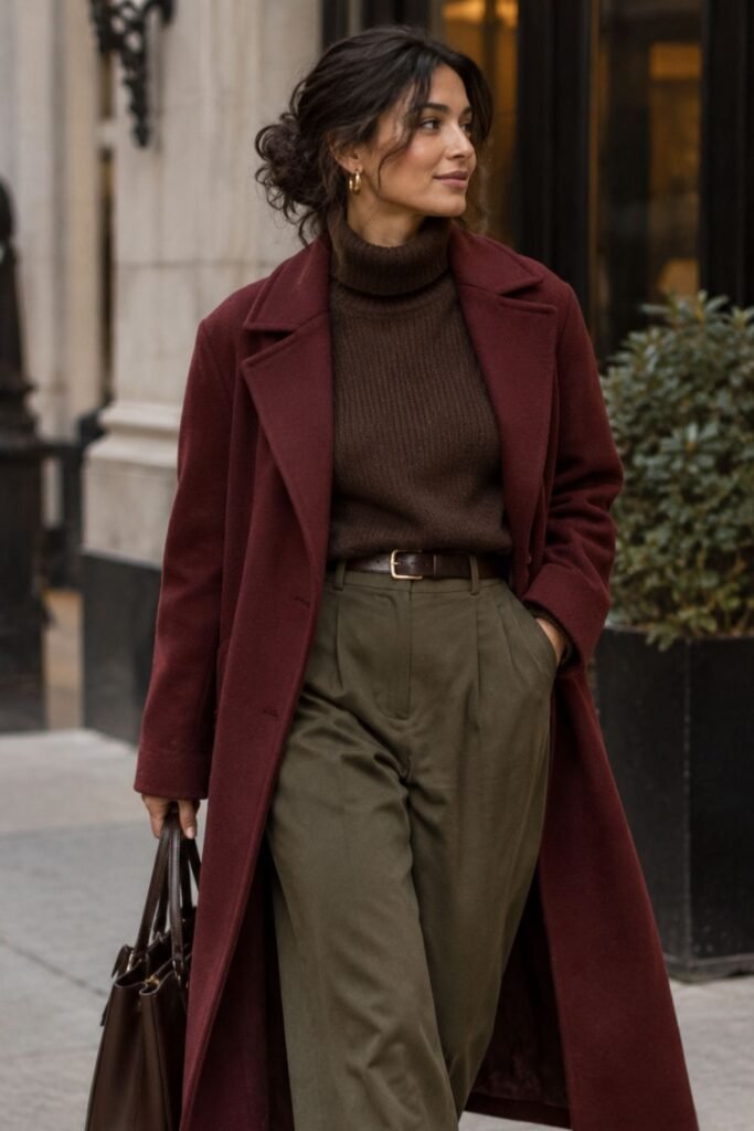 Burgundy Coat + Chocolate Knit + Olive Trousers