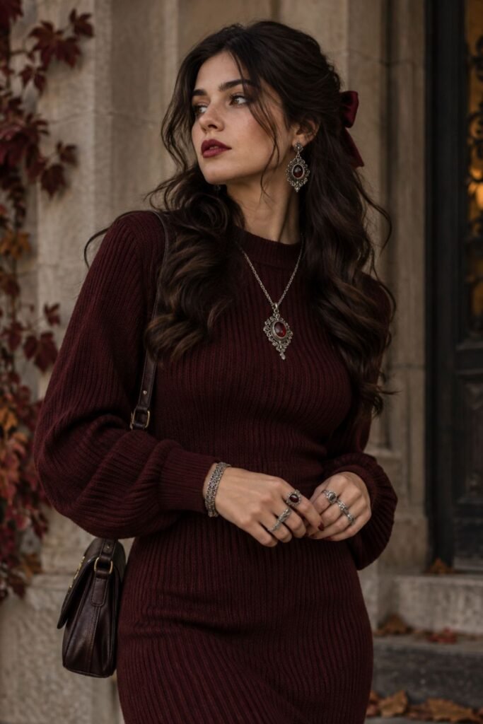 Burgundy Knit Dress + Antique Silver Jewelry