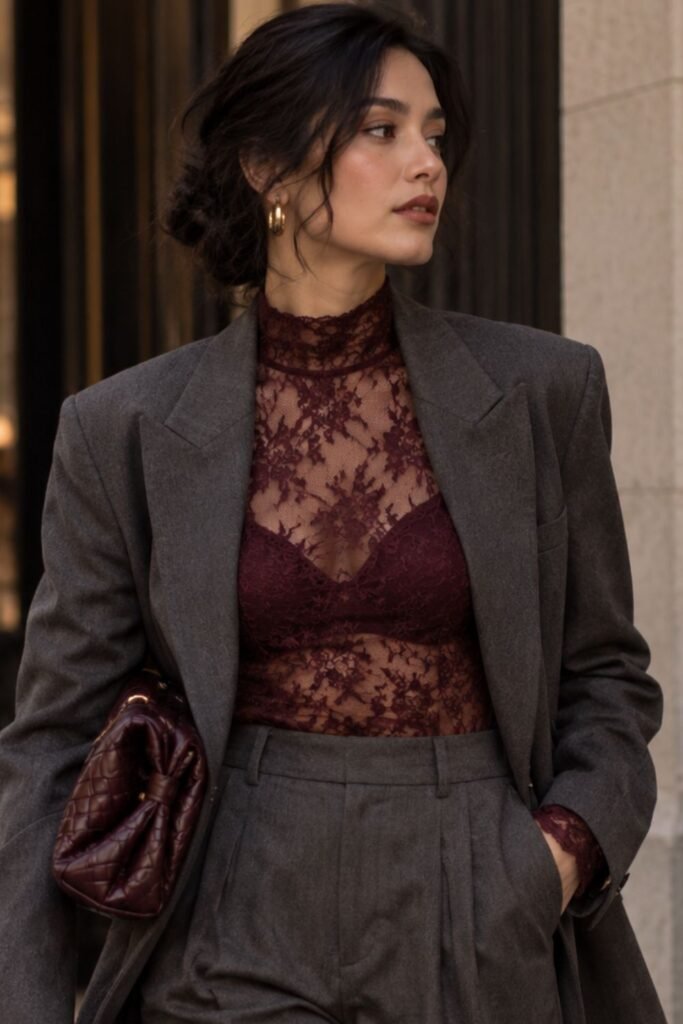 Burgundy Lace + Charcoal Tailoring
