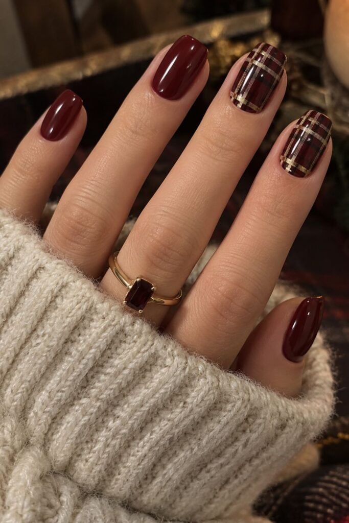 Burgundy gel nails with cream and gold plaid accent nails