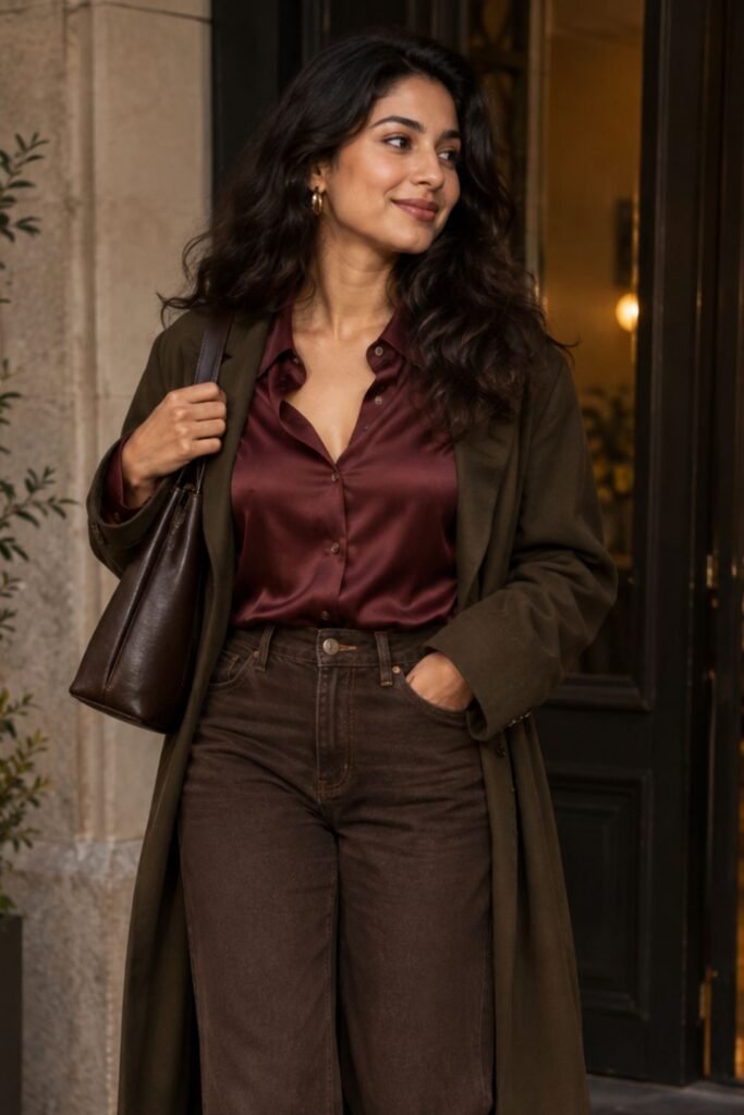 Burgundy Satin Blouse + Chocolate Denim