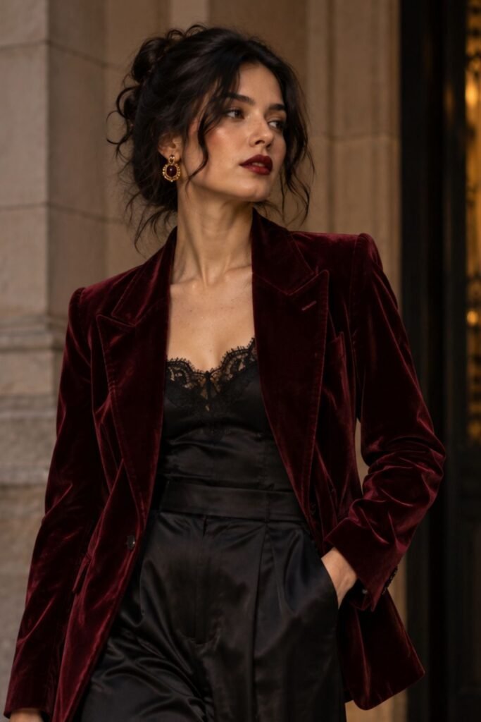 Burgundy Velvet Blazer + Black Satin Trousers
