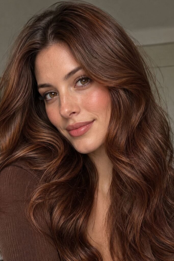 Woman with burnt sienna brunette hair color