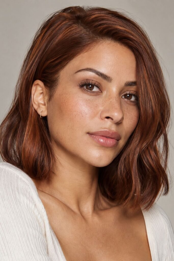 Woman with a burnt sienna lob haircut