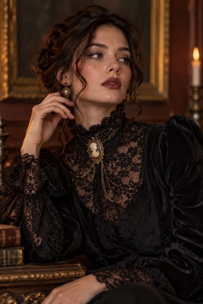 Cameo Brooch + Lace High-Neck Top