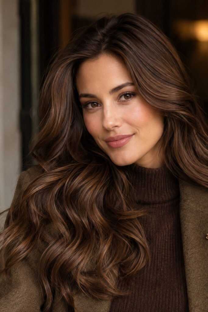 Woman with low-contrast candlelit sienna brunette hair