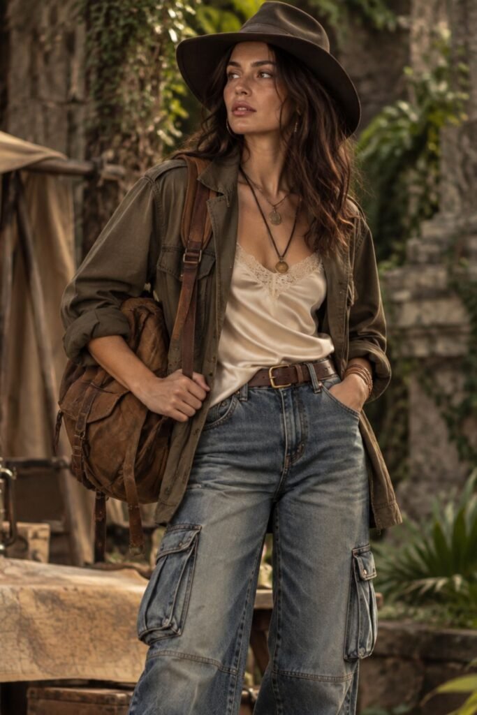 Cargo Denim + Silk Camisole + Field Jacket