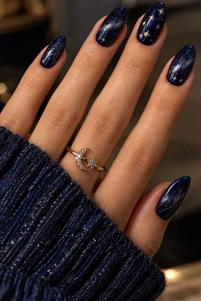 Navy gel nails with silver glitter and tiny star details