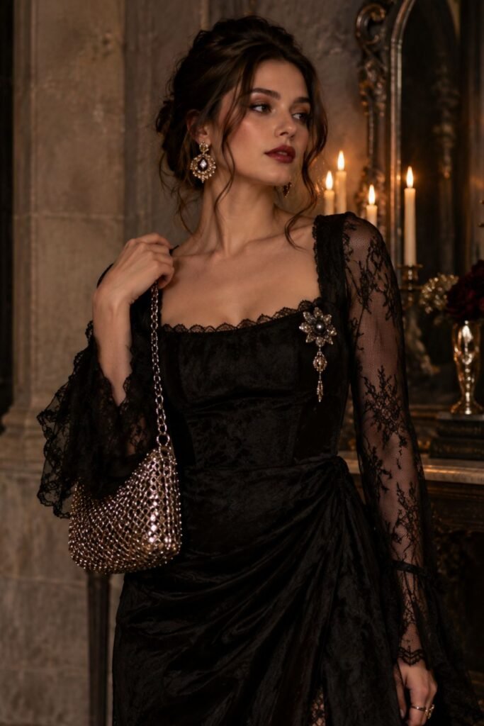 Chainmail Bag + Romantic Black Dress