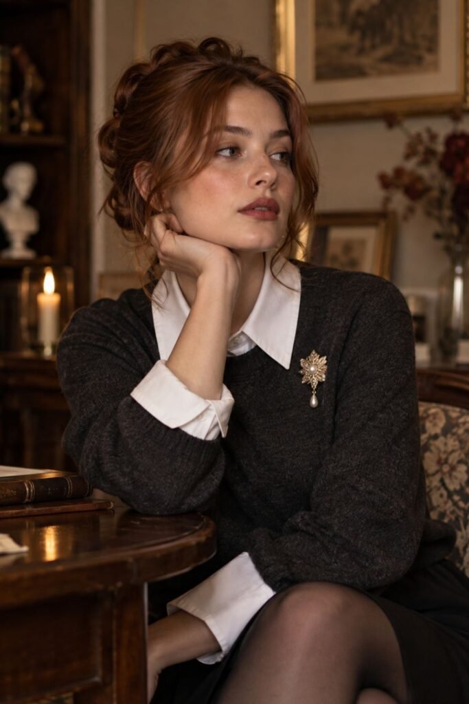 Charcoal Knit + White Collar + Brooch