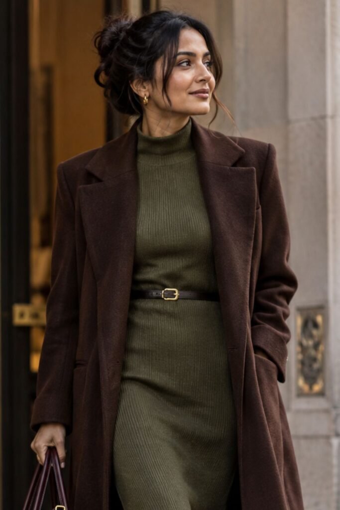 Chocolate Coat + Olive Dress + Burgundy Bag