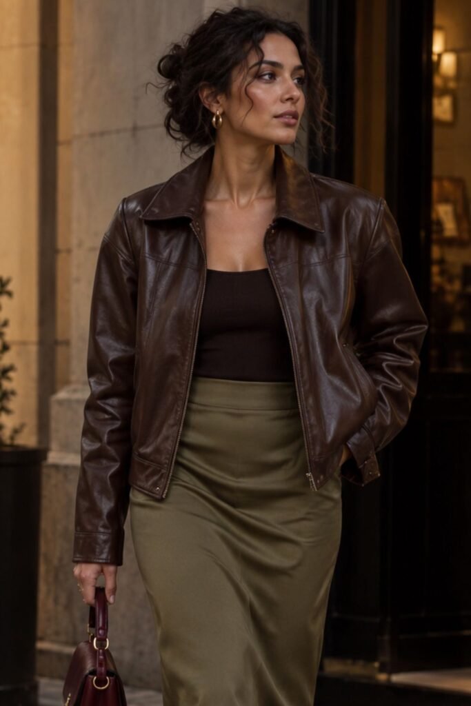 Chocolate Leather Jacket + Olive Column Skirt