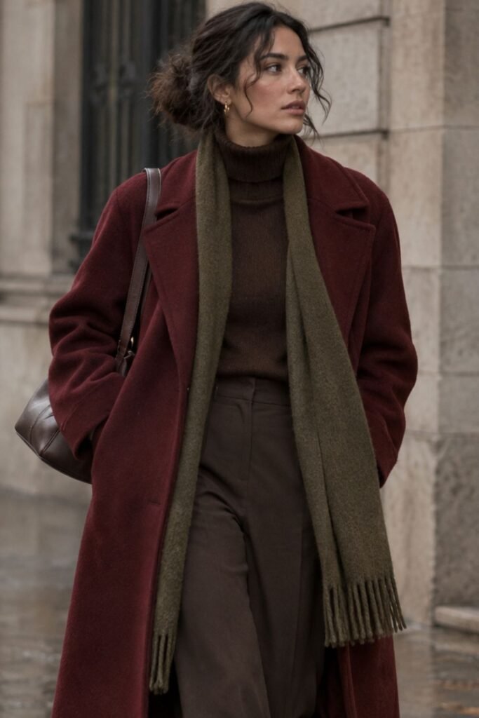 Chocolate Monochrome + Burgundy Coat