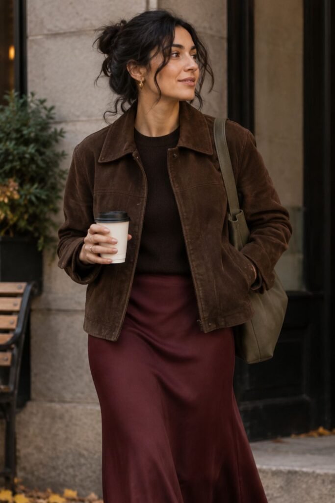Chocolate Suede Jacket + Burgundy Midi Skirt