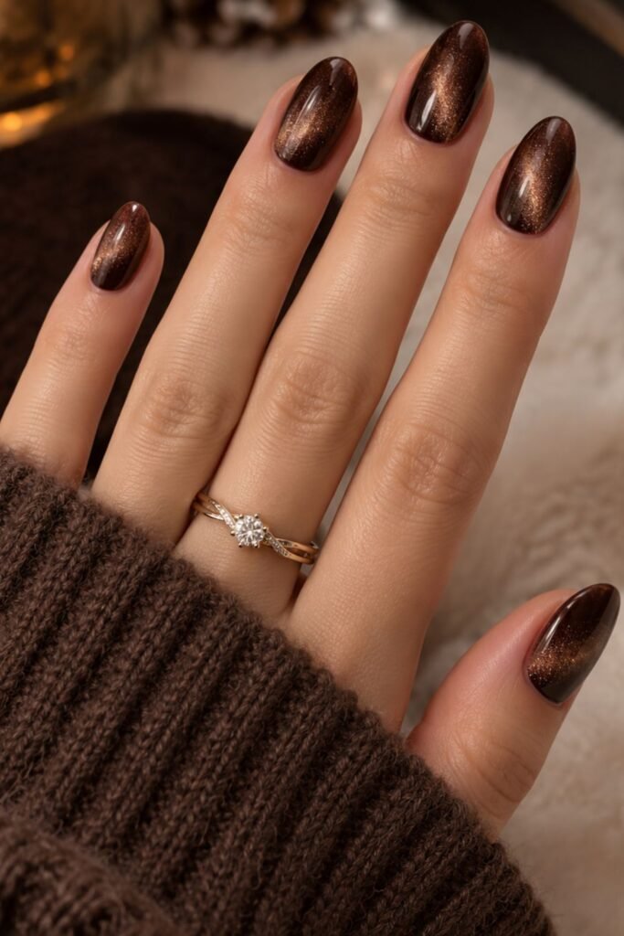 Chocolate brown velvet magnetic gel nails