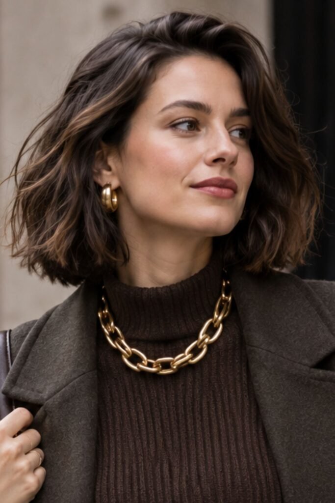 Chunky gold chain necklace worn over a fine-knit sweater