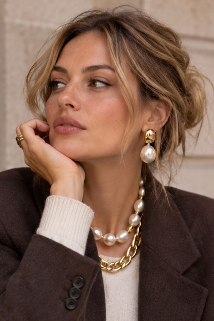 Chunky gold necklace mixed with baroque pearls
