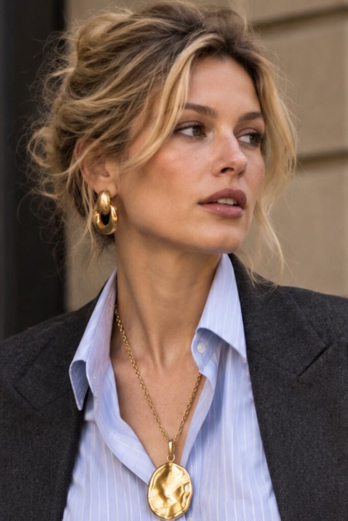 Chunky gold pendant necklace over an open button-down shirt