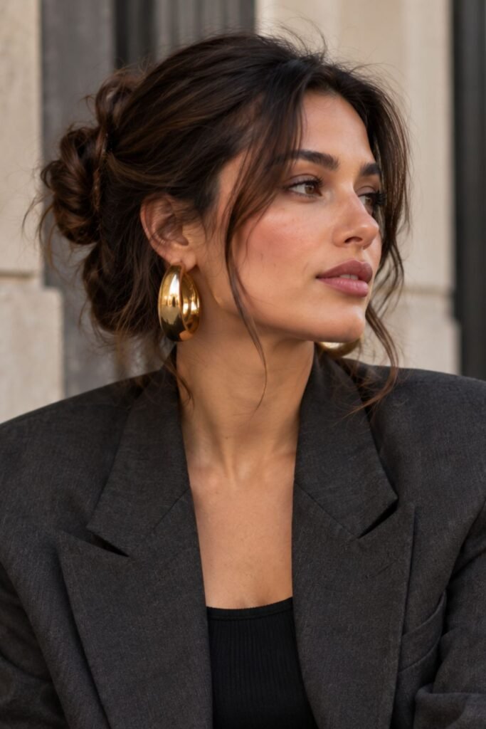 Woman wearing chunky gold hoop earrings