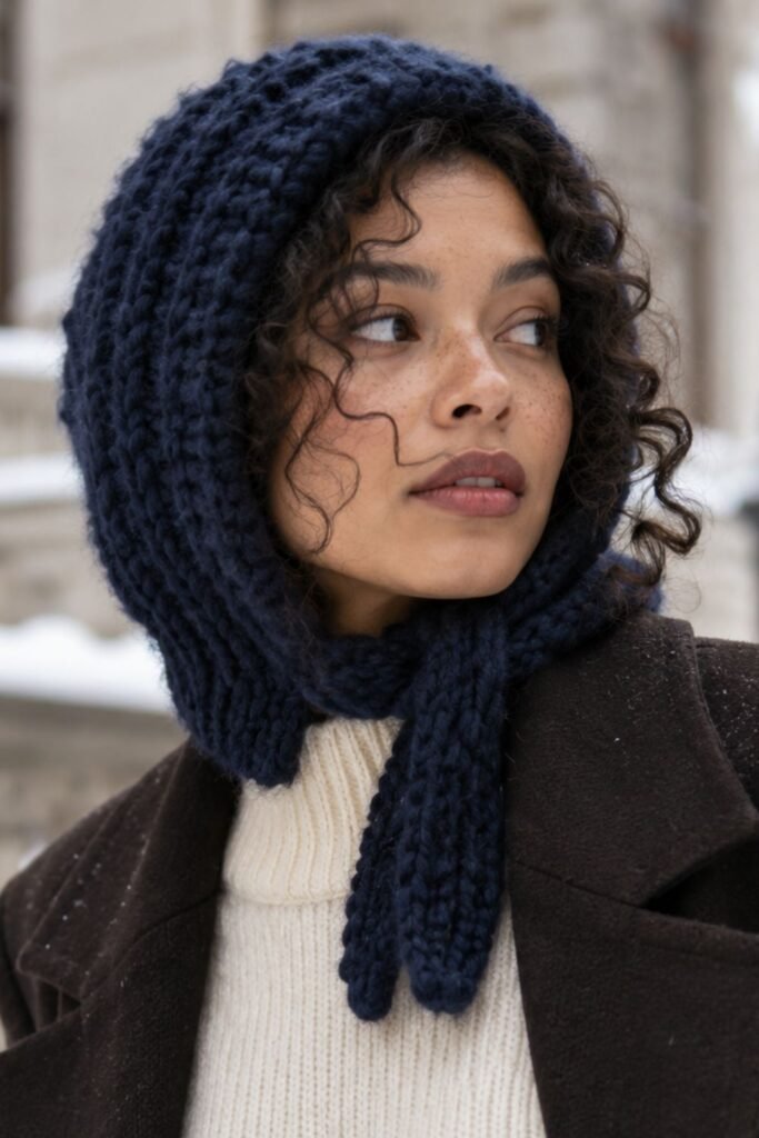 Woman in a chunky navy knit hood over a cream fine-knit sweater