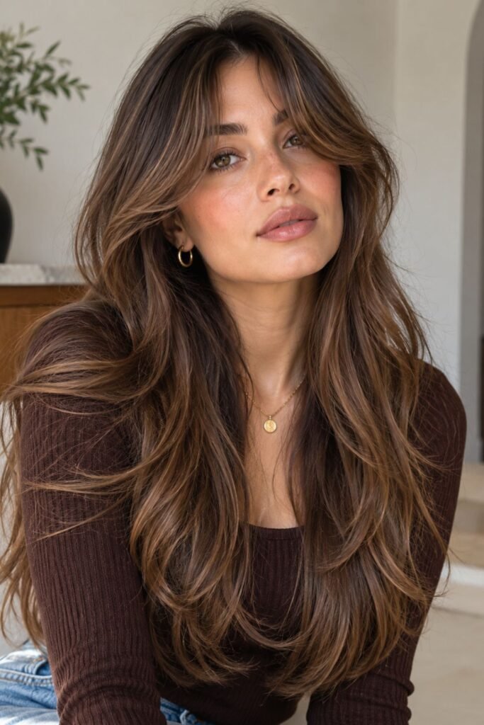 Woman with long layered curtain bangs and soft layers