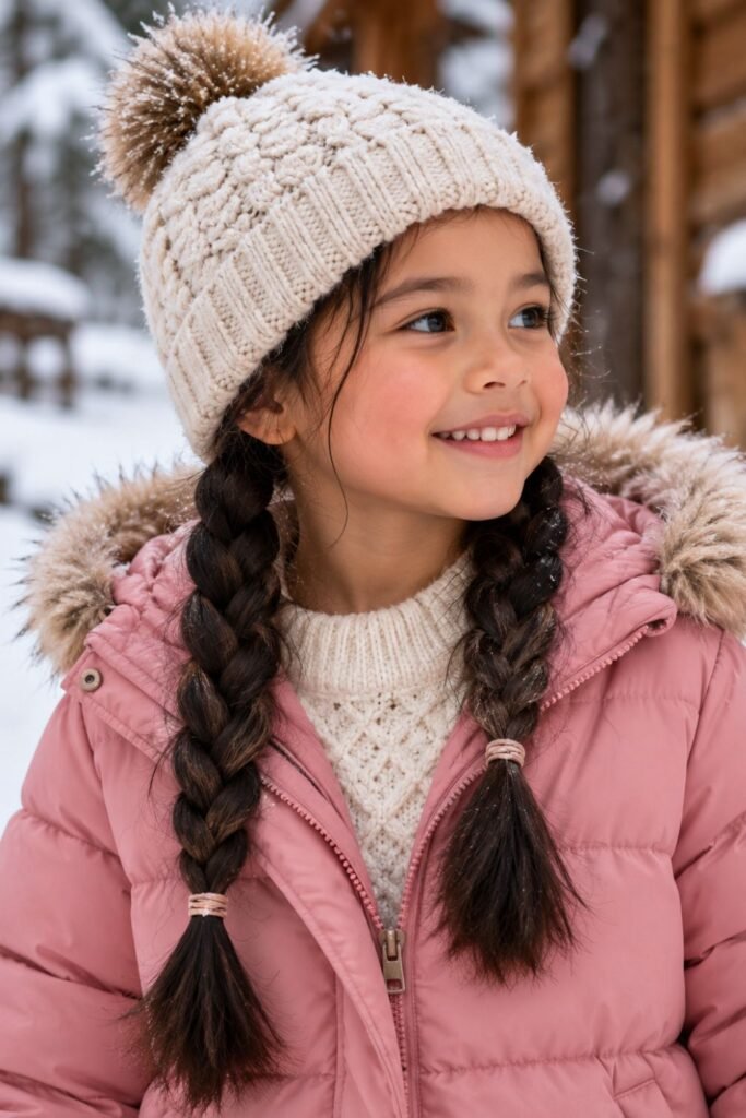 Girl with classic low braided pigtails