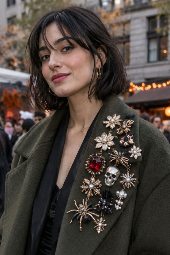 Clustered Brooches on an Oversized Coat
