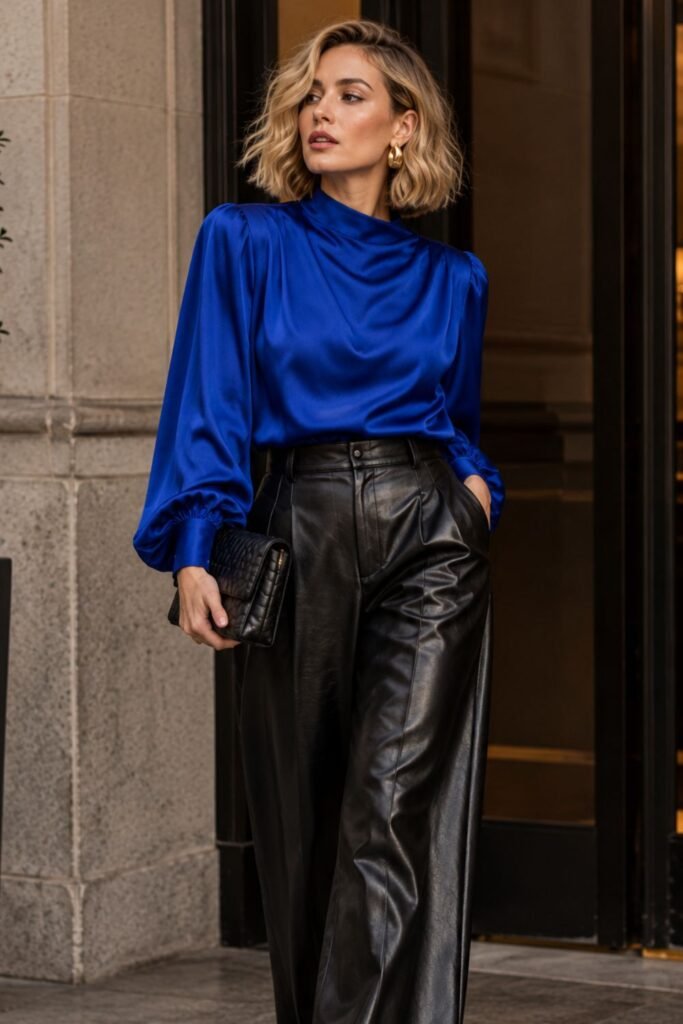 Cobalt Top + Black Leather Trousers