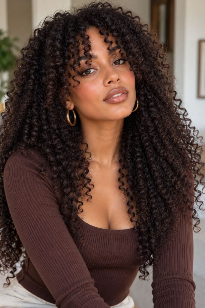 Coily curtain fringe with long natural hair