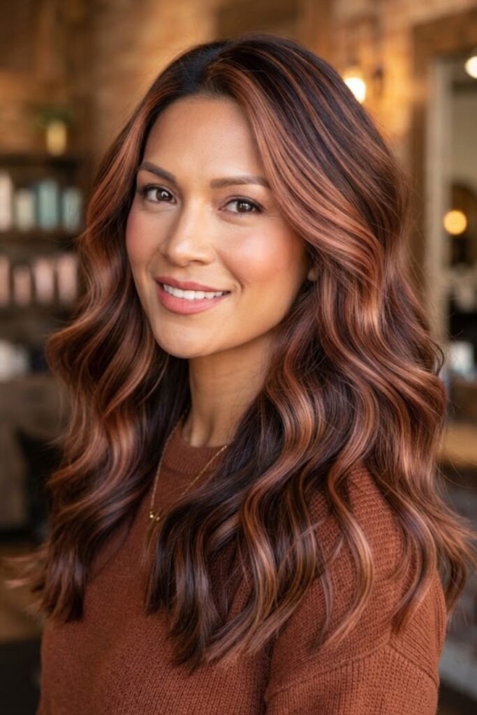 Brunette hair with copper rose gold dimension
