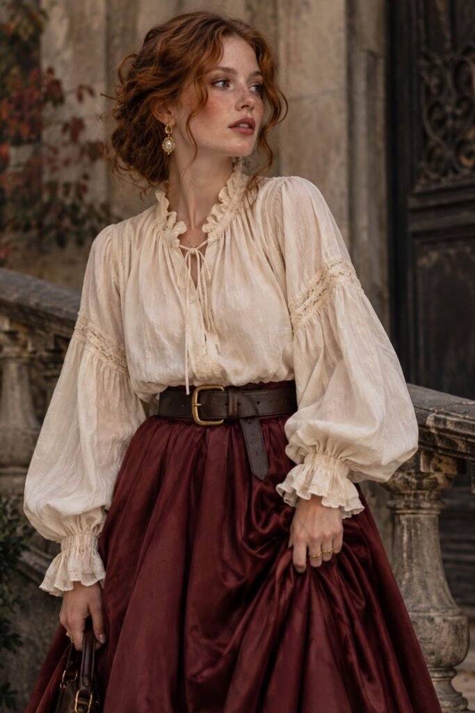 Cream Poet Blouse + Burgundy Skirt