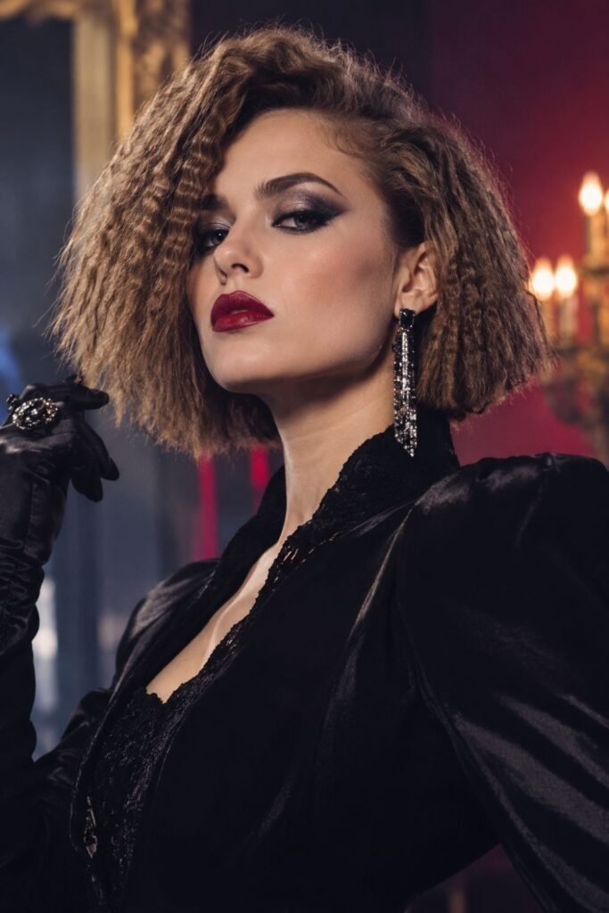 Crimped Asymmetric Bob for an 80s Villain Look