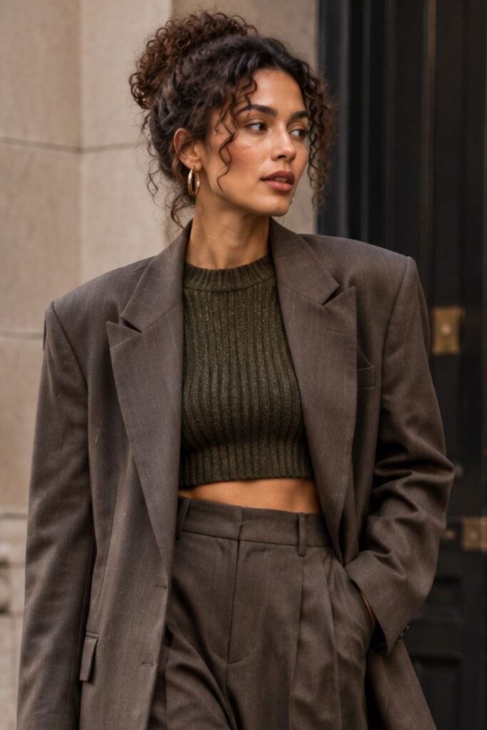 Cropped Knit Under an Oversized Suit