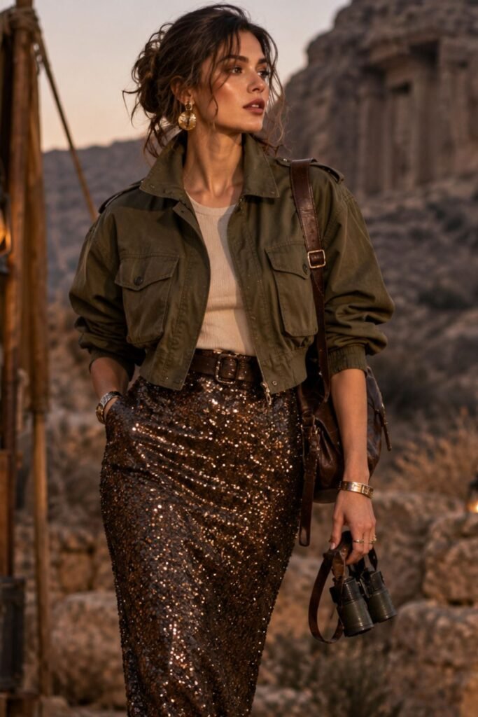 Cropped Utility Jacket + Sequin Column Skirt