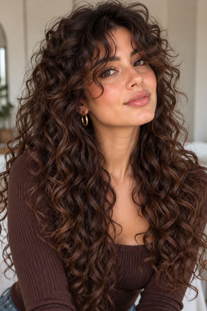 Curly curtain bangs with long natural curls