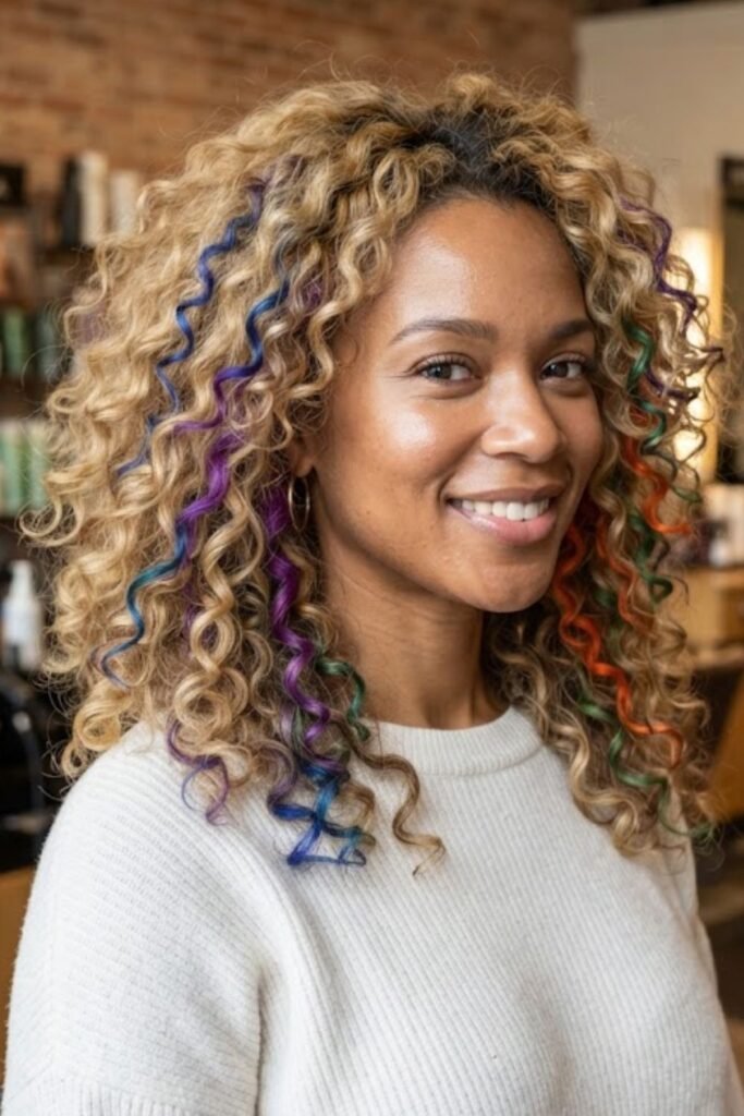 Curly grown-out blonde hair with scattered teal and pink curls