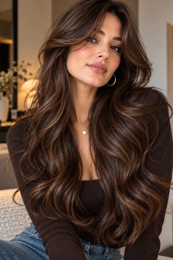 Curtain bangs with glossy brunette long waves