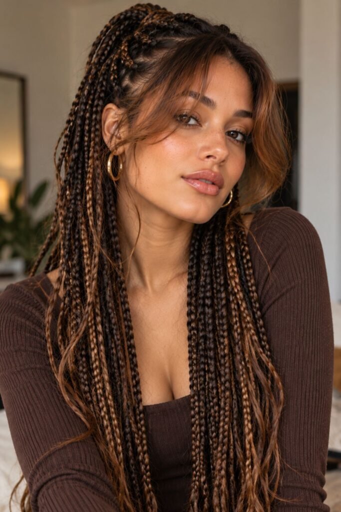 Curtain bangs with long braided hair