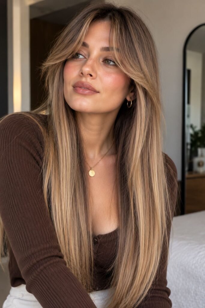 Curtain bangs with long one-length hair