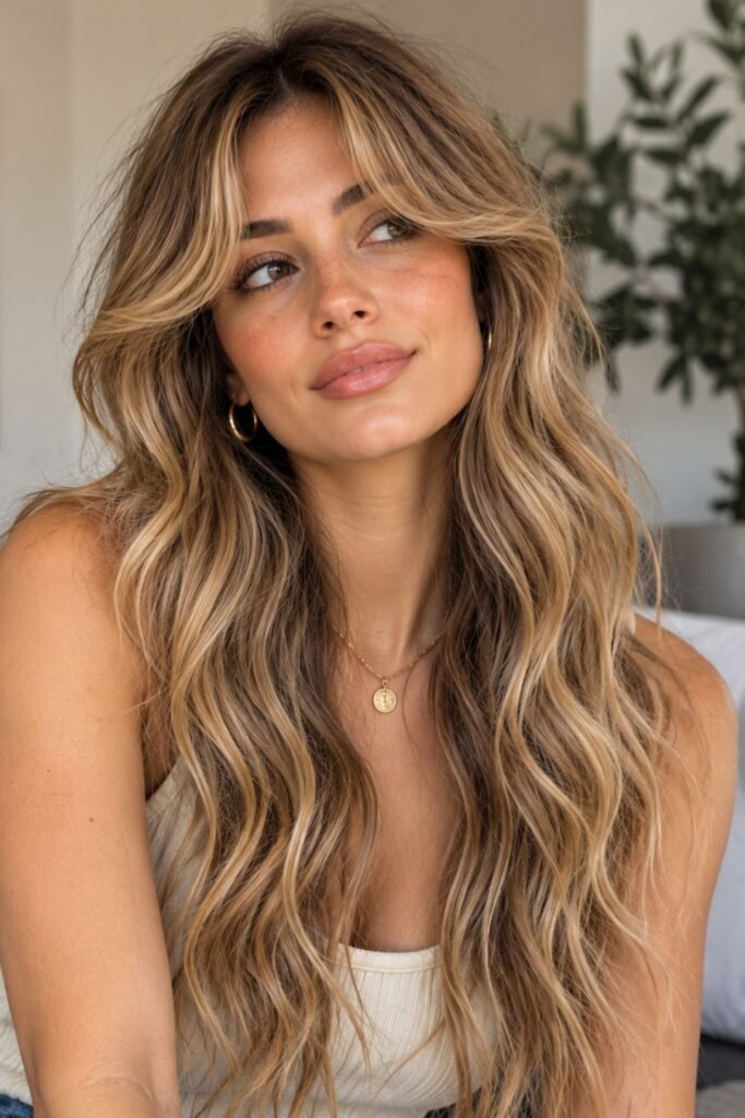 Curtain bangs with loose long beach waves