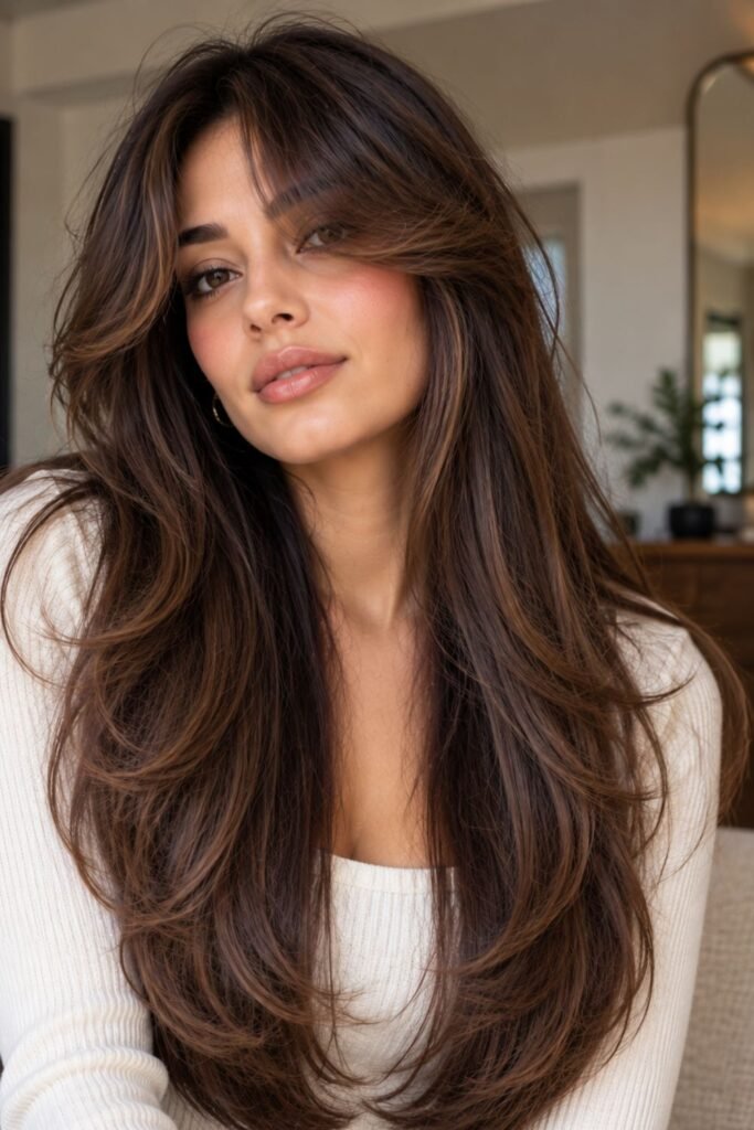 Curtain bangs with a U-shaped long haircut