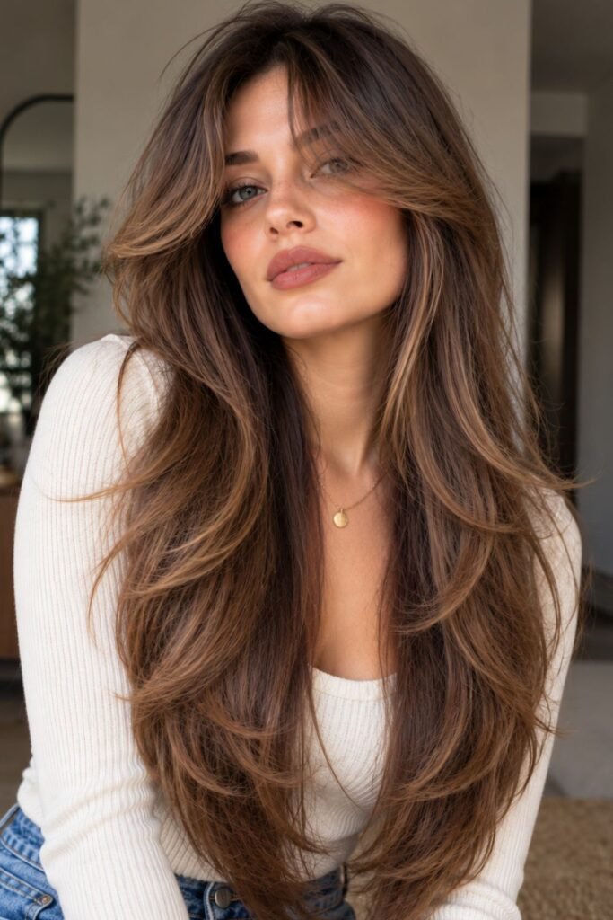Curtain bangs with V-shaped long layers