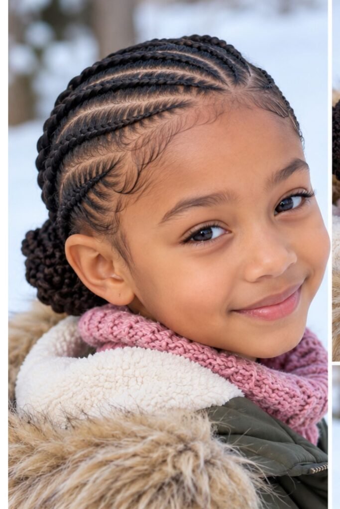 Child with curved cornrows leading into a low bun