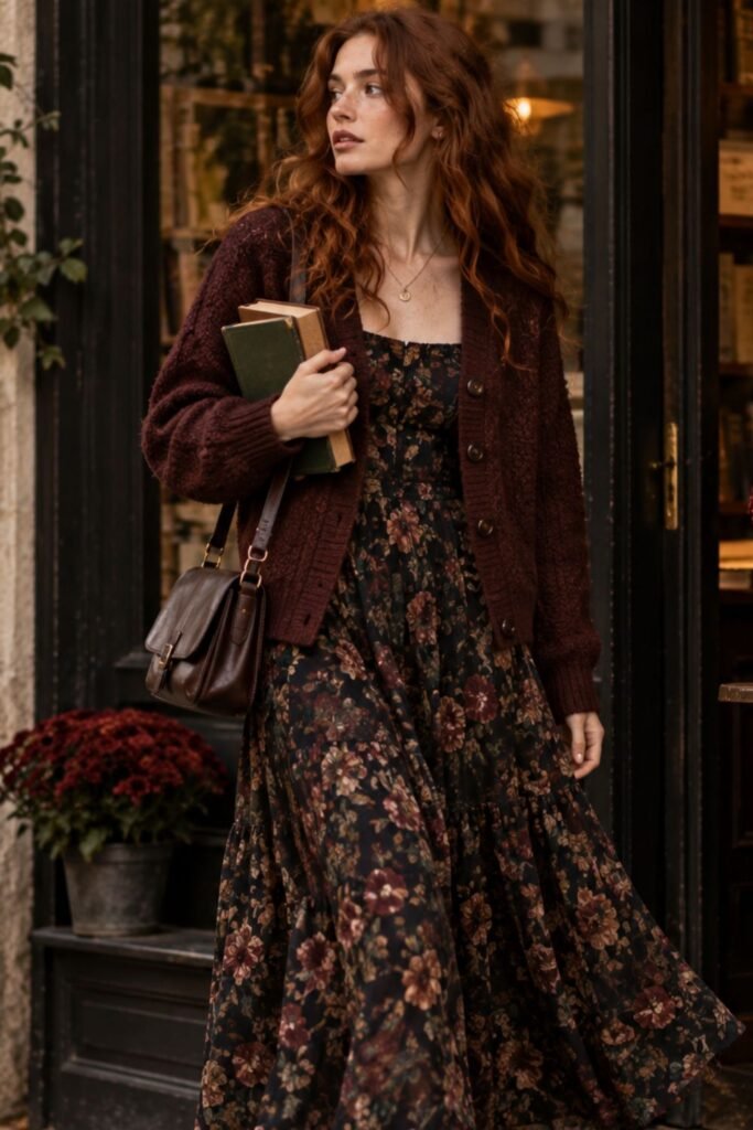 Dark Floral Dress + Structured Cardigan